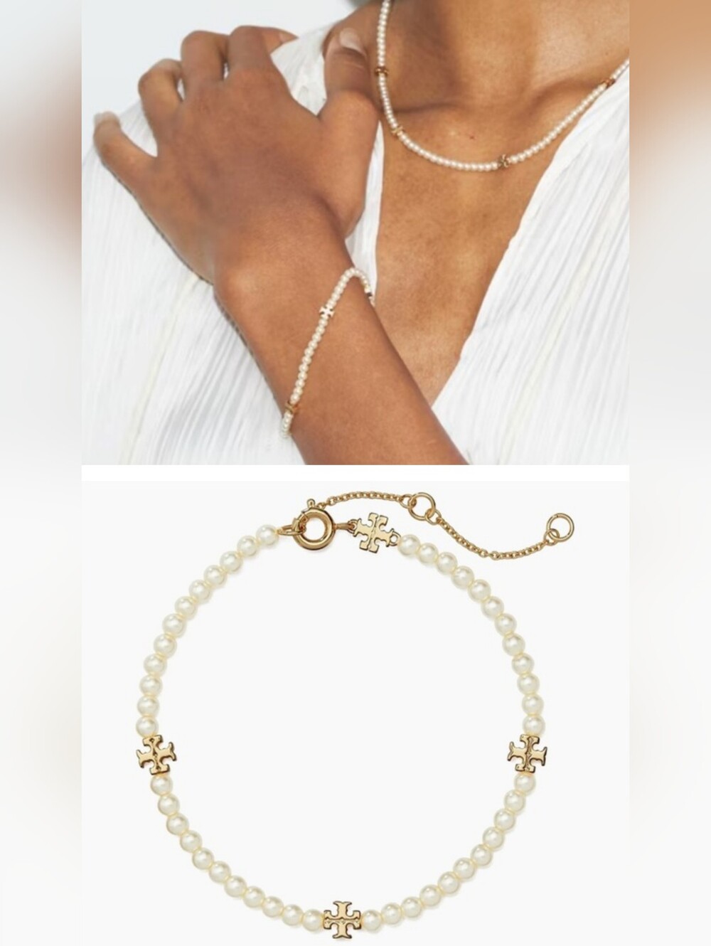 TORY BURCH Kira Pave Logo Pearl Strand Bracelet